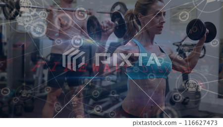 Composite of cyber attack warning text and data processing over woman and man exercising 116627473