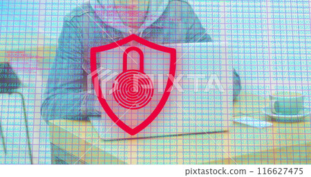 Image of fingerprinted padlock in shield and numbers on caucasian businessman using laptop 116627475
