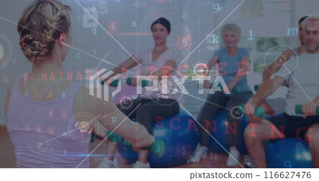 Image of network of connections with icons over biracial businesswoman network of connections 116627476