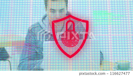 Image of fingerprinted padlock in shield and numbers on caucasian businessman using laptop 116627477