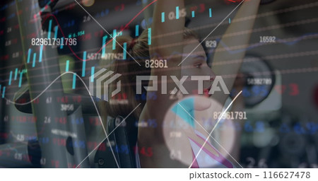 Composite of numbers and financial data processing over woman exercising 116627478