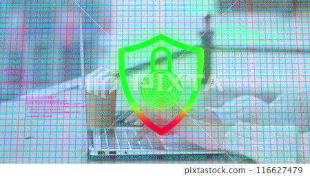 Image of data processing and padlock over hands using laptop Image of data processing and padlock over hands using laptop 116627479
