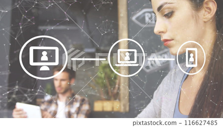 Image of icons connected dots forming shapes over caucasian businesswoman working on laptop 116627485