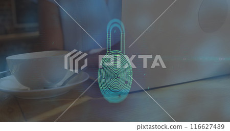 Image of lens flares, fingerprinted padlock on midsection of caucasian woman working on laptop Image of lens flares, fingerprinted padlock on midsection of caucasian woman working on laptop 116627489