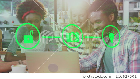 Image of icons connected by line and dots forming shapes over diverse friends looking in laptop 116627501
