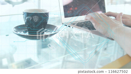 Image of fingerprint, padlock in shield in abstract pattern on cropped hands typing on keyboard 116627502