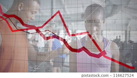 Image of graphs and numbers over diverse man teaching dumbbells exercise to woman in gym Image of graphs and numbers over diverse man teaching dumbbells exercise to woman in gym 116627524