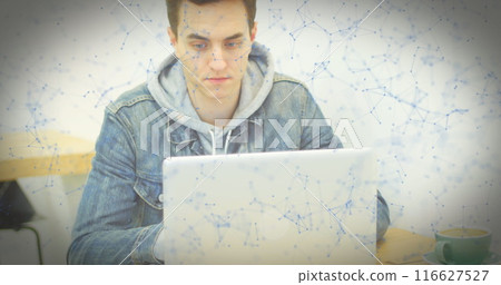 Image of qr code and shapes over caucasian man using laptop 116627527