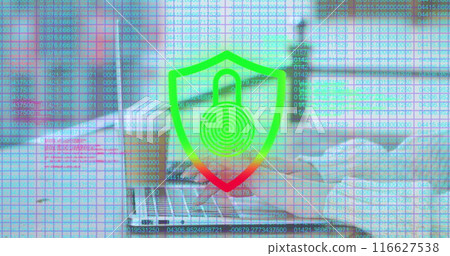 Image of padlock in shield and changing numbers, cropped hands of caucasian woman using laptop Image of padlock in shield and changing numbers, cropped hands of caucasian woman using laptop 116627538