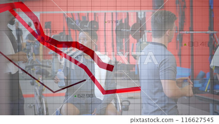 Image of graphs and numbers over multiracial buddies talking after exercise in gym Image of graphs and numbers over multiracial buddies talking after exercise in gym 116627545