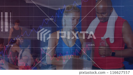 Image of financial data processing over diverse people at gym 116627557