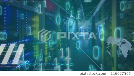 Image of data processing and binary coding against computer server room Image of data processing and binary coding against computer server room 116627565