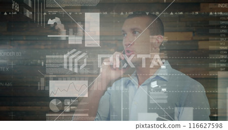 Image of financial data processing over man using smartphone Image of financial data processing over man using smartphone 116627598