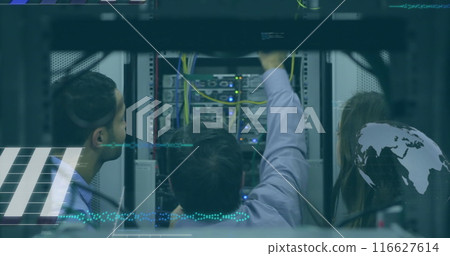 Image of data processing over team of diverse engineers working at computer server room 116627614