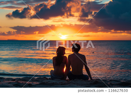 A couple looking at the sunset 116627630