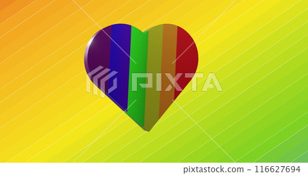 Image of rainbow heart spinning on gradient striped background Image of rainbow heart spinning on gradient striped background 116627694