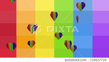 Image of rainbow hearts over rainbow background 116627720