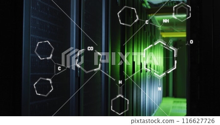 Image of chemical structures against computer server room Image of chemical structures against computer server room 116627726