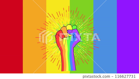 Image of rainbow fist and rays over rainbow stripes Image of rainbow fist and rays over rainbow stripes 116627731
