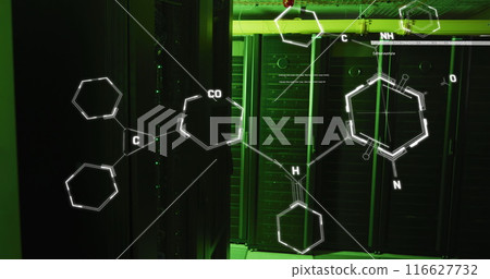 Image of molecule structures and computer language over illuminated server room 116627732