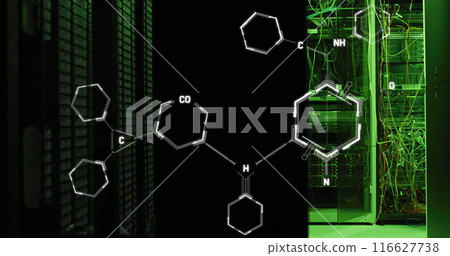 Image of molecule structures over illuminated server room in background Image of molecule structures over illuminated server room in background 116627738