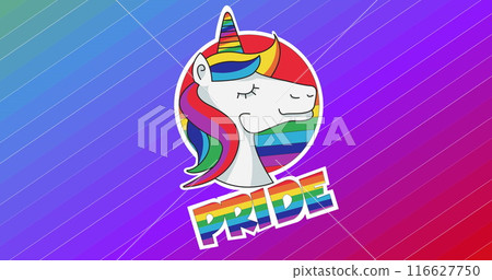 Image of pride text over unicorn and rainbow stripes 116627750