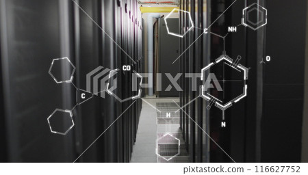 Image of molecule structures against server room in background Image of molecule structures against server room in background 116627752