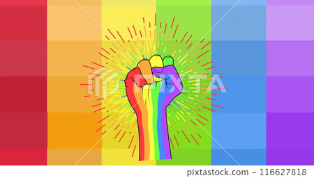 Image of rainbow fist over rainbow background Image of rainbow fist over rainbow background 116627818