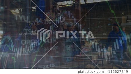 Image of financial data processing and statistics over diverse men working in factory Image of financial data processing and statistics over diverse men working in factory 116627849