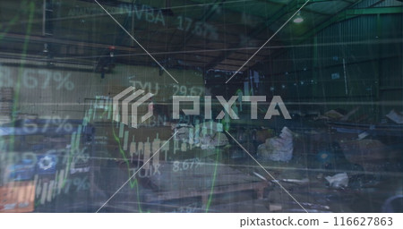 Image of financial data processing and statistics over factory Image of financial data processing and statistics over factory 116627863