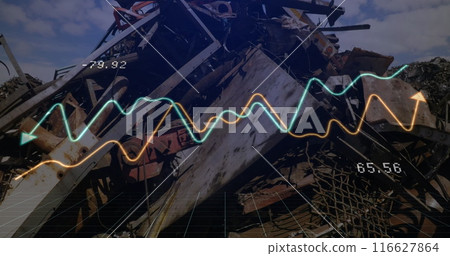Image of financial data processing and statistics over machinery in wasteland Image of financial data processing and statistics over machinery in wasteland 116627864