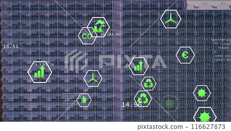Image of eco icons and data processing over solar panels 116627873