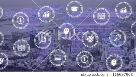 Image of icons and data processing over cityscape Image of icons and data processing over cityscape 116627908