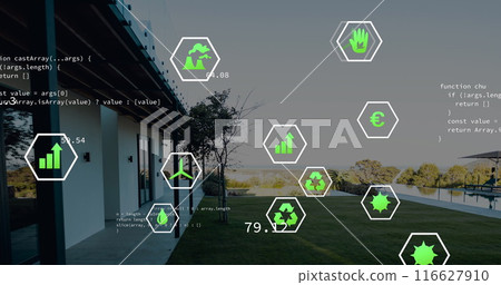 Image of eco icons and data processing over house and landscape Image of eco icons and data processing over house and landscape 116627910
