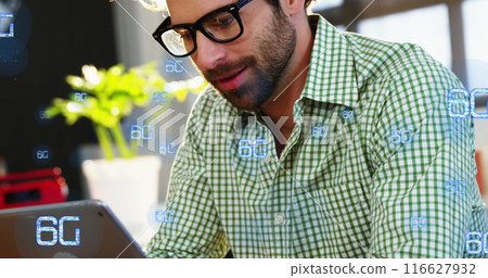 Image of multiple 6g text over smiling caucasian man watching image on digital tablet in cafes 116627932