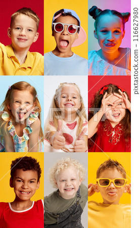 Vertical collage. Carefree. Collage made of portraits of little kids, girls and boys against multicolored studio background. Vertical collage. Carefree. Collage made of portraits of little kids, girls and boys against multicolored studio background. 116627980
