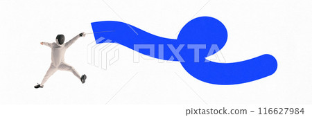 Banner. Contemporary art collage. Competitive fencer with sword during battle against white background with blue dynamic line repeat moves. 116627984