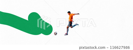 Banner. Contemporary art collage. Young man, football player passing ball in motion with dynamic line against white studio background, Banner. Contemporary art collage. Young man, football player passing ball in motion with dynamic line against white studio background, 116627986