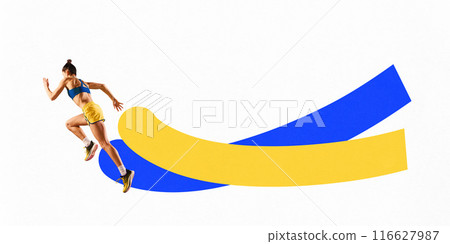 Poster. Contemporary art collage. Young woman, athlete running in motion with dynamic yellow-blue lines against white background. 116627987