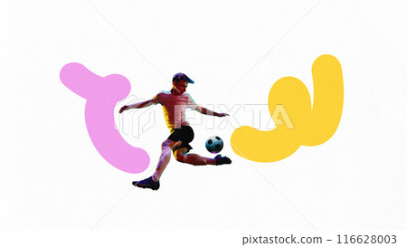 Poster. Contemporary art collage. Football athlete playing football against white background with colorful lines repeat his moves. Poster. Contemporary art collage. Football athlete playing football against white background with colorful lines repeat his moves. 116628003