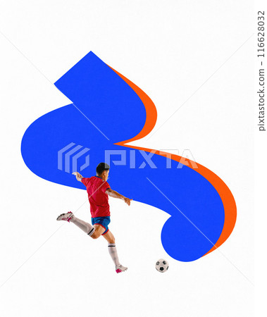 Poster. Contemporary art collage. Football player kicking ball with dynamic colorful lines against white studio background. Movement. 116628032