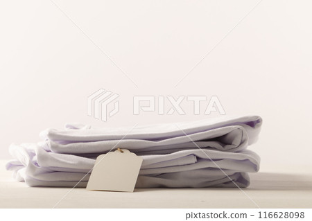A neatly folded lavender shirt with a blank tag attached, with copy space 116628098