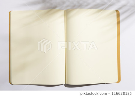 An open blank notebook lies on a surface, with copy space 116628185