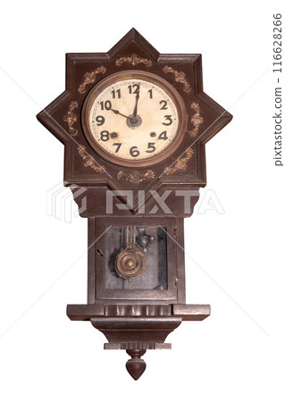An antique old wall clock is stained and scratched isolated 116628266