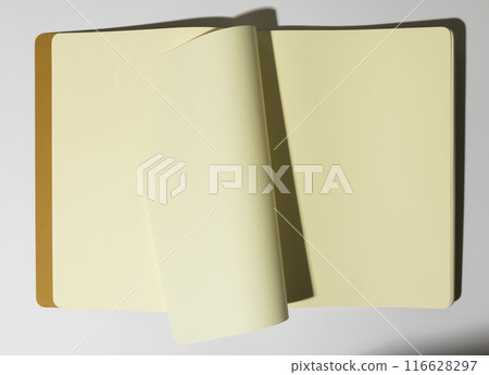 An open blank notebook lies on a white surface with copy space An open blank notebook lies on a white surface with copy space 116628297