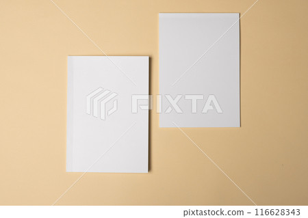 Two blank white sheets of paper lie on a beige surface with copy space 116628343