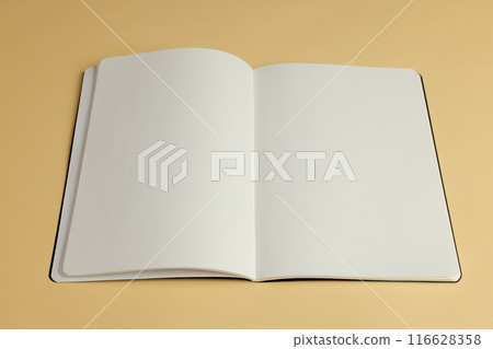 An open blank notebook lies on a beige surface, with copy space An open blank notebook lies on a beige surface, with copy space 116628358