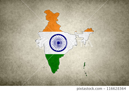 Map of India with its flag on an old paper Map of India with its flag on an old paper 116628364
