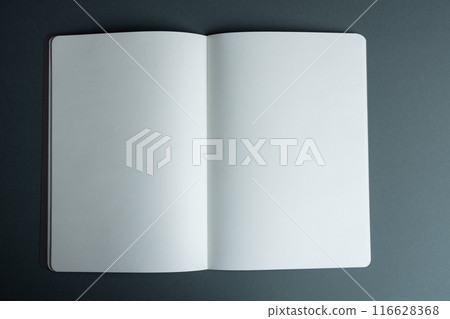 An open blank notebook lies on a dark surface, with copy space 116628368