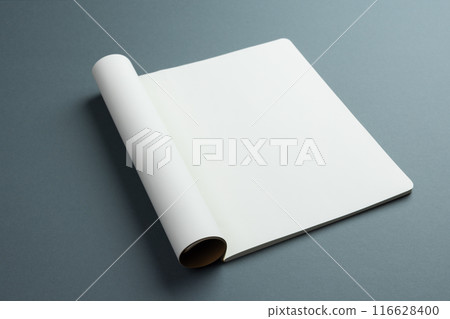 An open blank notebook lies on a gray surface, with copy space 116628400